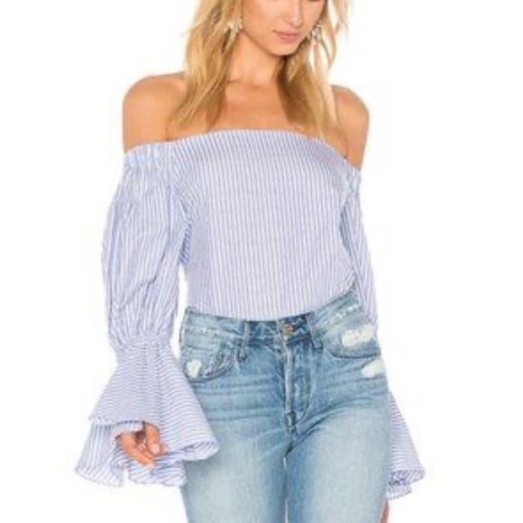 Alexis Womens Juniper Off The Shoulder Bell Sleeve Top XS Blue White Stripe - Picture 1 of 9